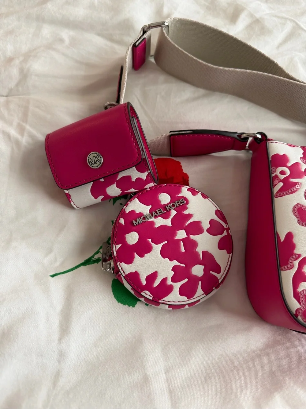 Michael Kors Dragonfruit Floral Print Crossbody Bag Coin Bag& Apple AirPods Case